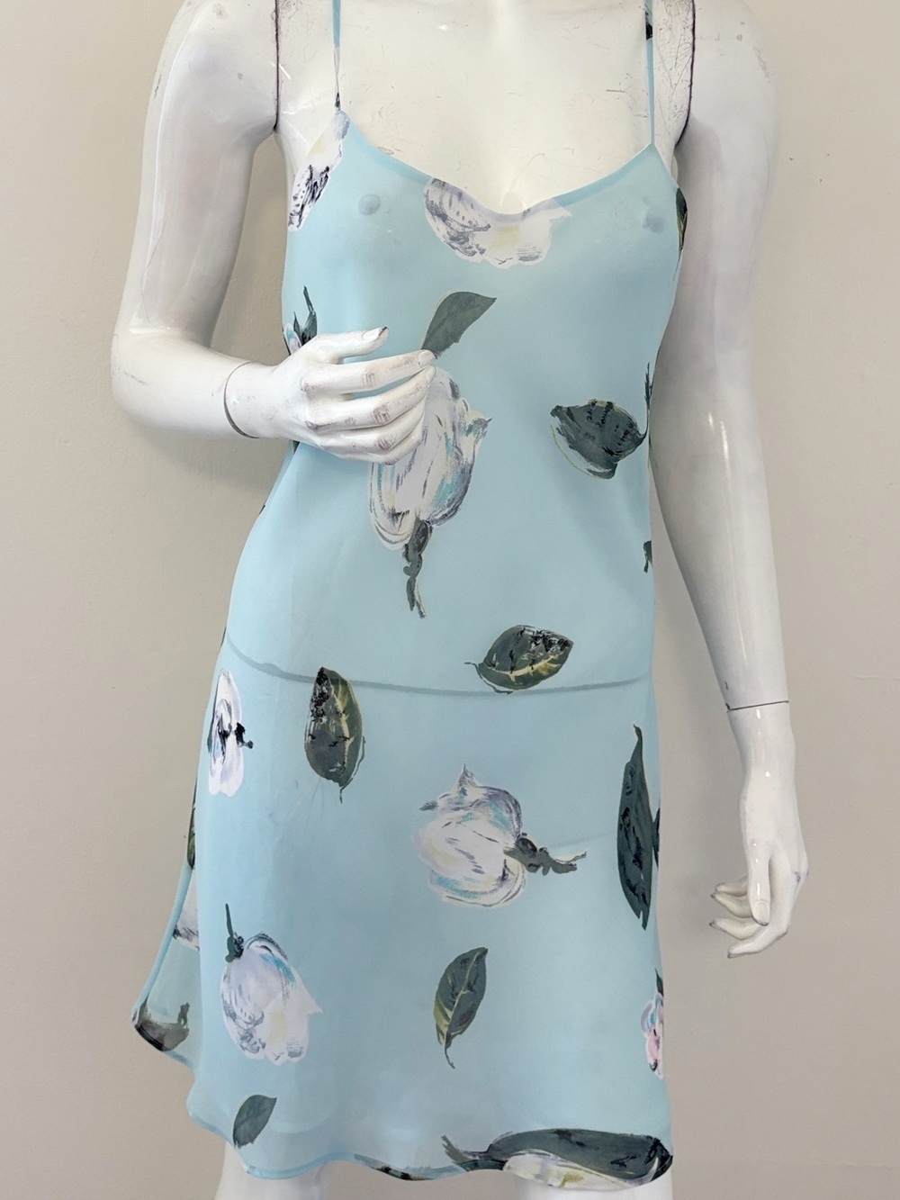 Natori Light Blue Semi Sheer Floral Slip Dress Crisscross Straps Low Back